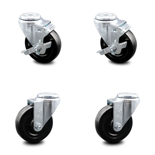 4 Inch Hard Rubber Wheel Swivel Bolt Hole Caster Set with 2 Brake